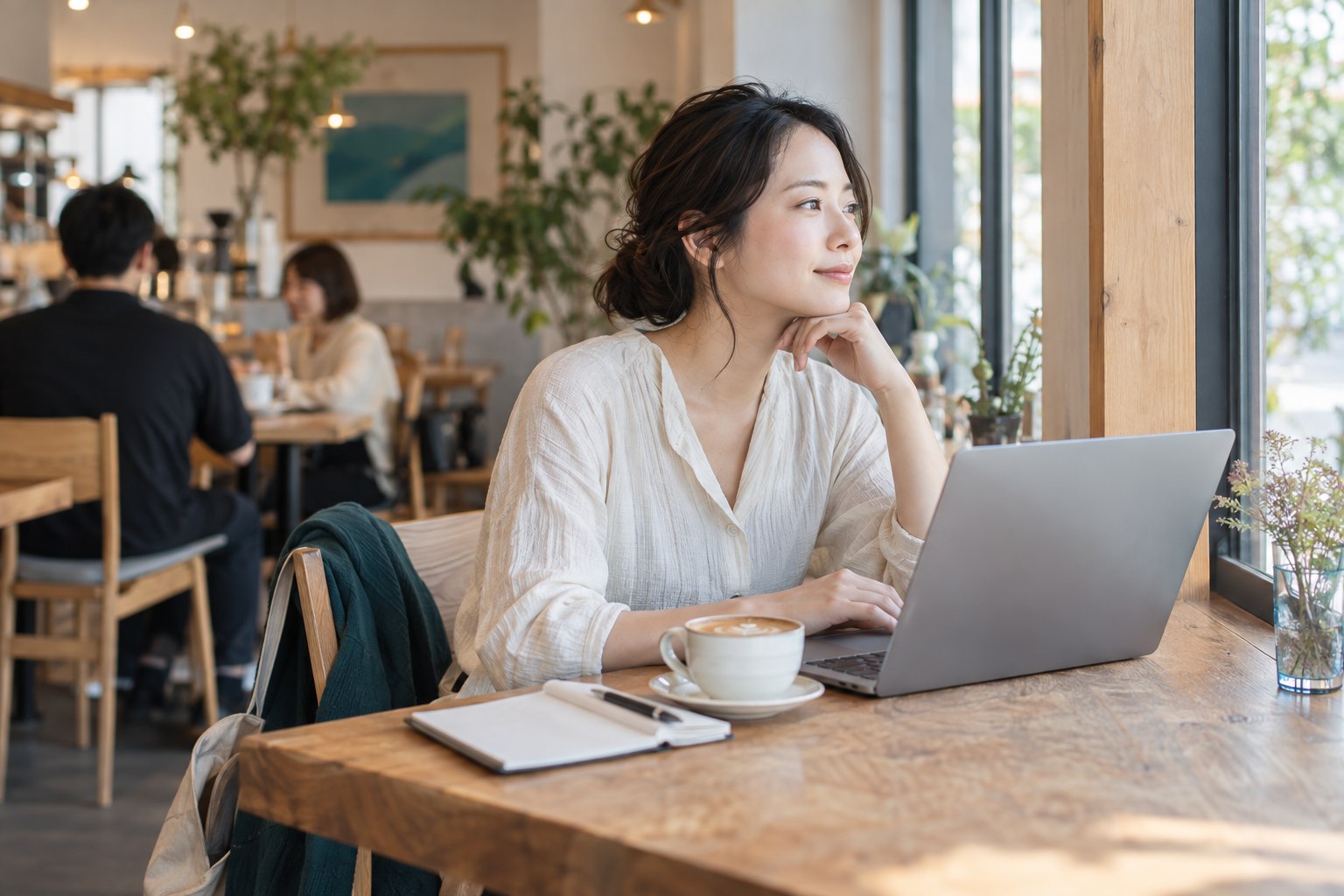 カフェの窓際でパソコンを使う人のイメージ